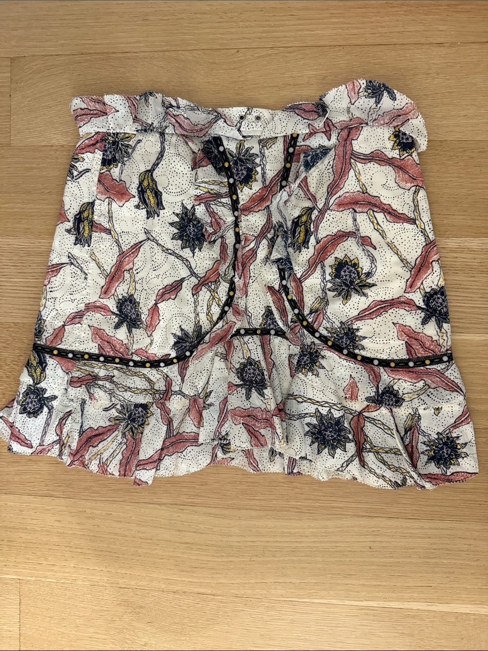 Isabel Marant White Floral Midi Skirt with Pink and Navy Accents